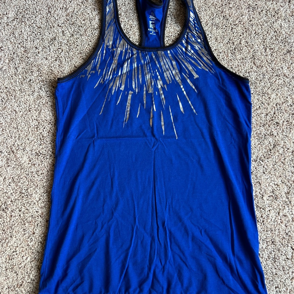 Zumba Fitness Blue Racerback Tank with Metallic Silver Burst